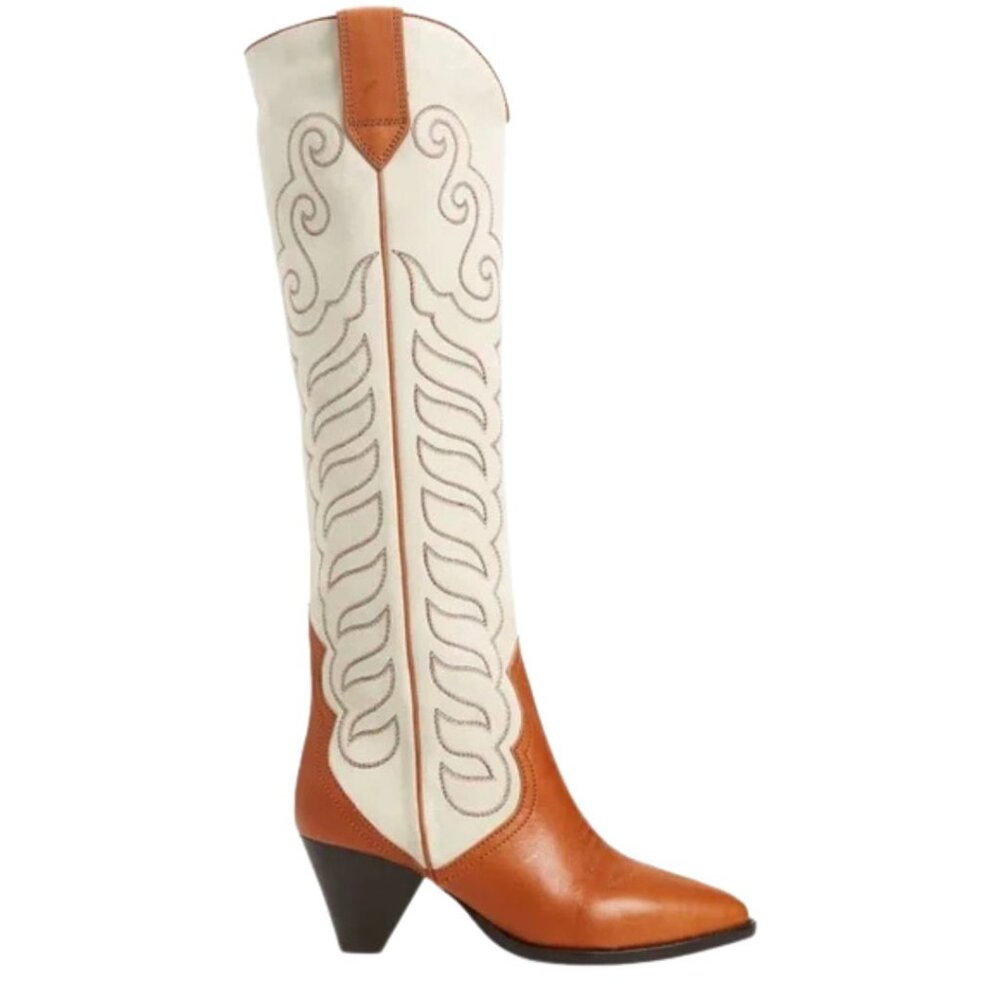 Isabel Marant Two-Tone Tan and Cream Western Knee-High Heeled Boots - Picture 5 of 6